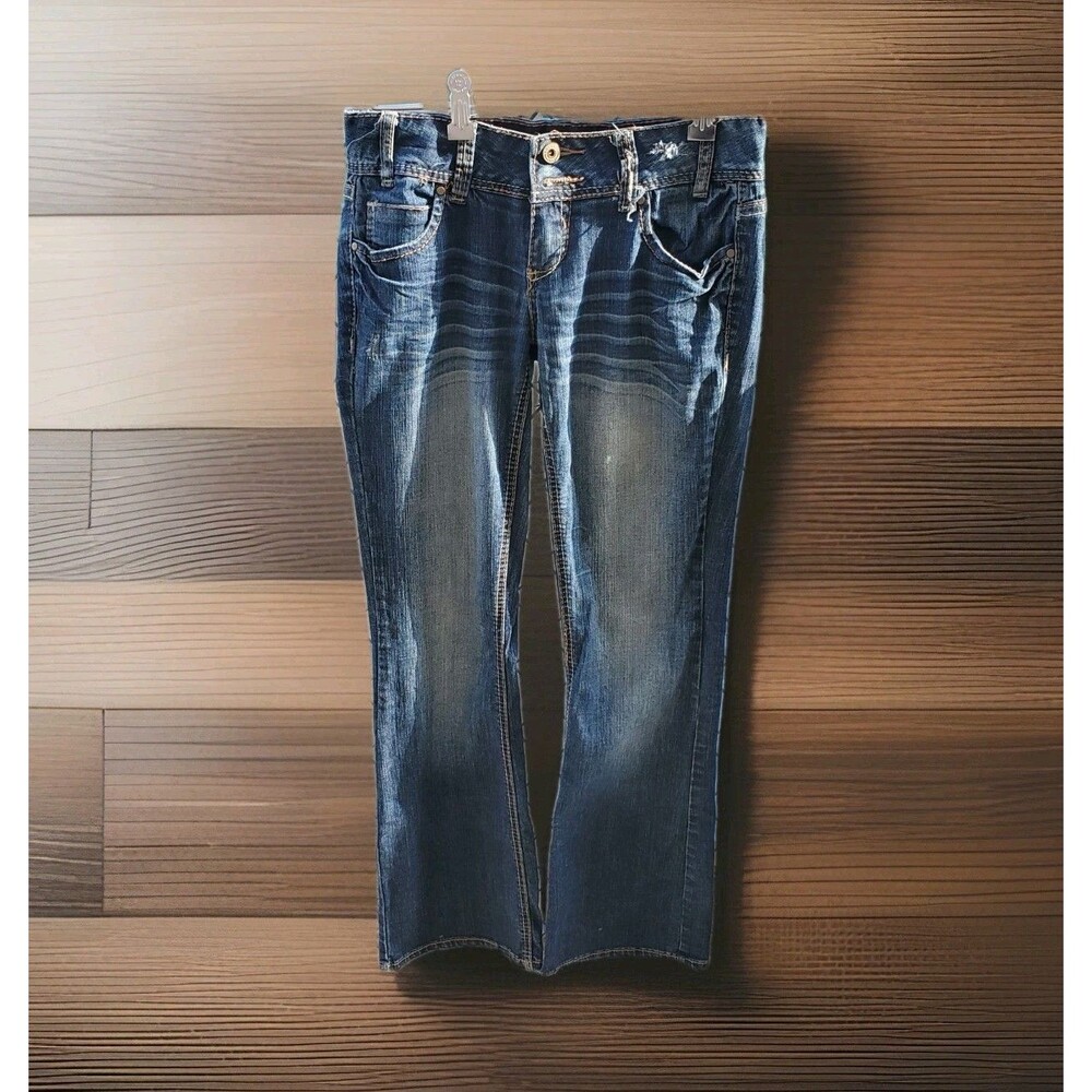 Vtg Amethyst Jeans Flares Size 5 Juniors Women Distressed Embroidered Dark Blue